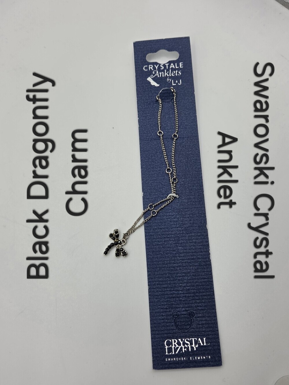 Crystal Anklet Swarovski Elements Black Dragonfly Charm Silver Tone NWT